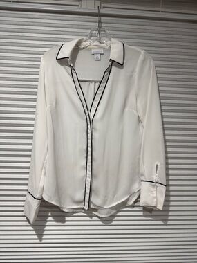 Liz Claiborne White Silk-Blend Piped Button-Up Blouse